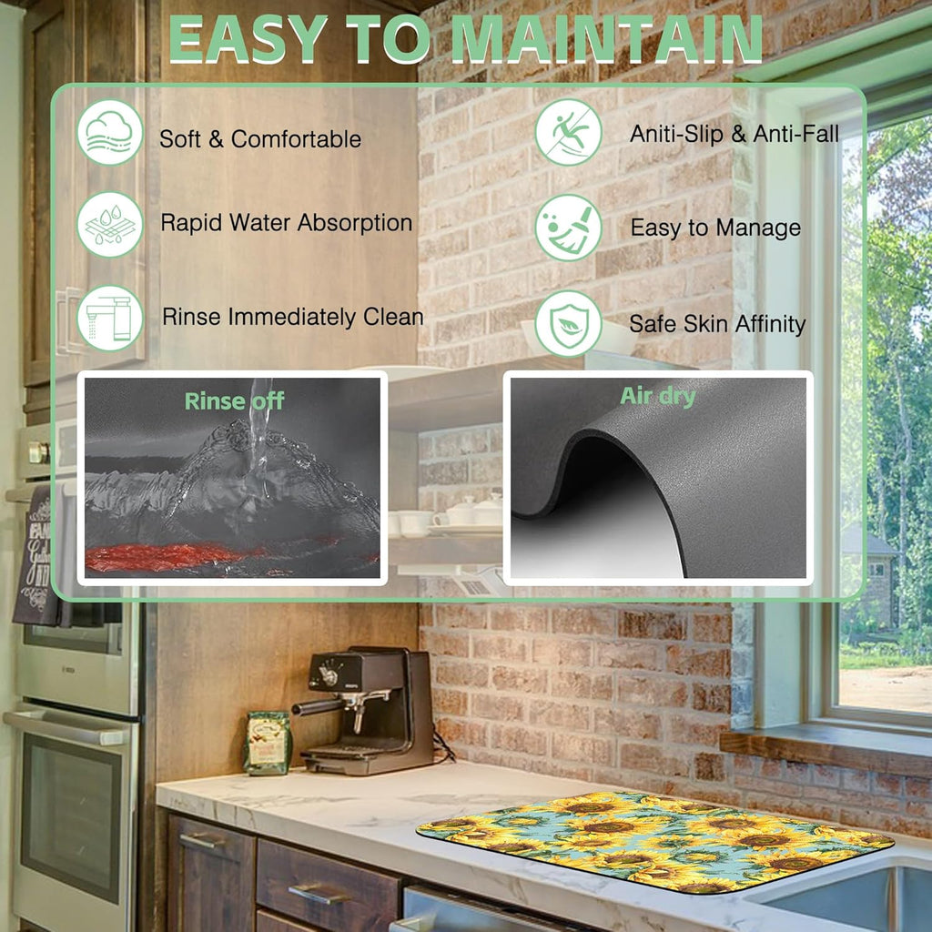 Dish Drying Mat Watercolor Rustic Sunflower Dish Drying Pad,16"X24" Bsorbent Coffee Mat for Sink Dishes or Under Rack Kitchen Counter Accessories Absorbent Hide Stain Rubber Backed Drying Mat