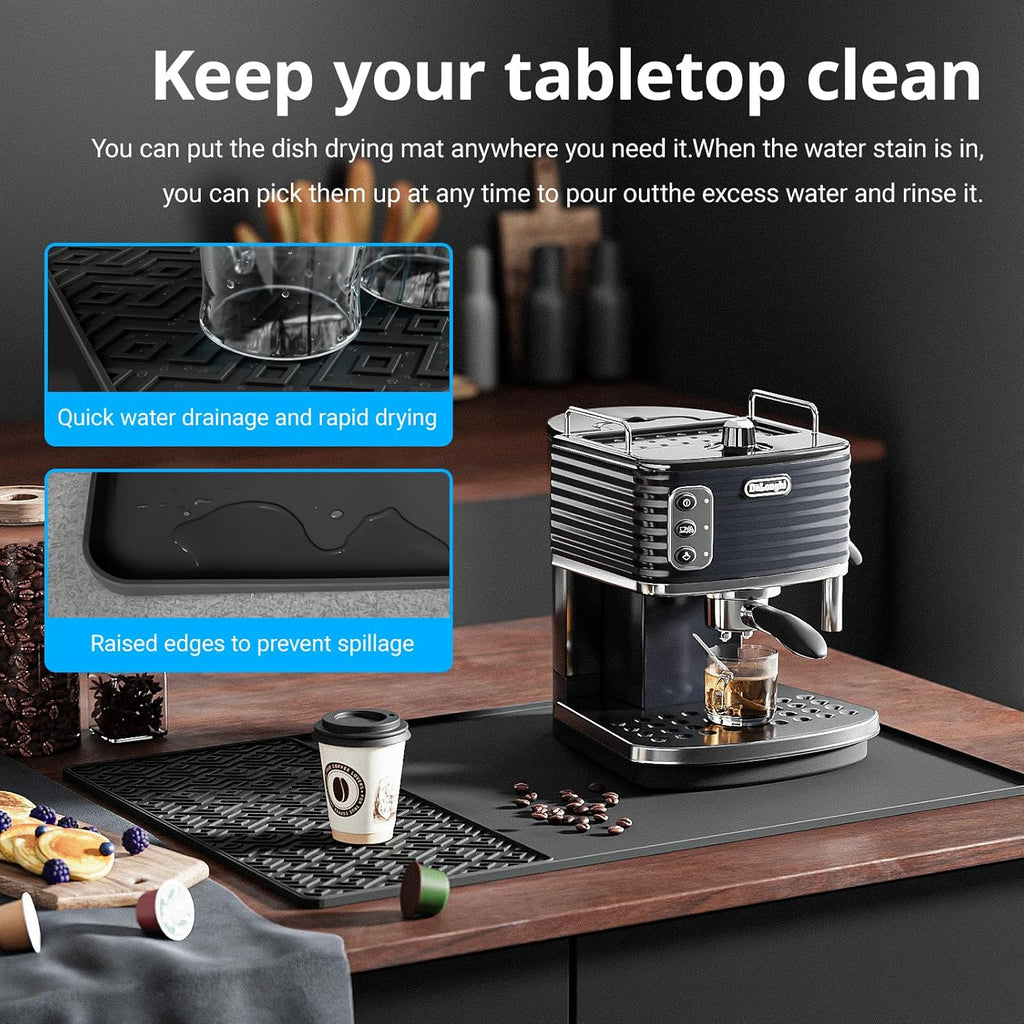 Silicone Coffee mat 24''x16'' – Non-Slip Bar Mat with Detachable Drying Layer for Espresso Machines, Countertops & Dish Racks