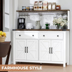 Hutch Storage Cabinet Buffet with Drawers, and Charging Station, Coffee Bar Cabinet with Barn Doors, Wine Rack and Hooks, Countertop, Long Farmhouse, White, for Kitchen, Dining Room, 54.1" High