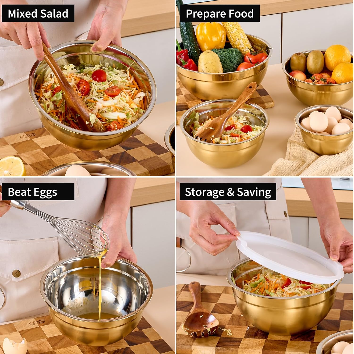 Gold Mixing Bowls with Lids Set of 7, Stainless Steel Nesting Bowl with Khaki Lid for Non-slip Mixing Prepping Storing Serving, 7 Sizes-7/3.6/2.7/2.1/1.5/1/0.8 QT