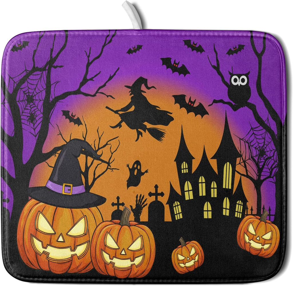 Happy Halloween Pumpkin Dish Drying Mat for Kitchen Counter,Witch Ghost Castle Bat Purple Drying Mat 16 x 18 Inch with High Absorbent Microfiber Drainer Mat for Coffee Bar