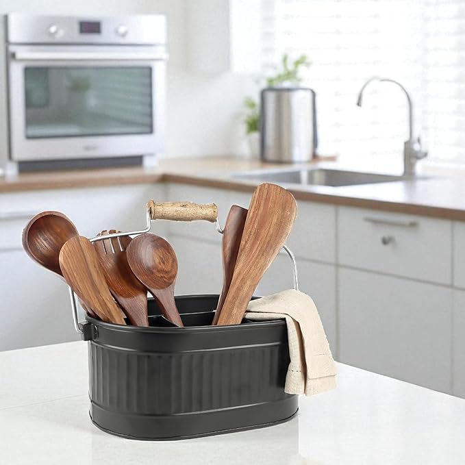 Alpha Living Home 4-Compartment Flatware Caddy - Metal Cutlery Holder Silverware & Condiment Organizer, Perfect for Kitchen, Dining, and Picnics (Black)