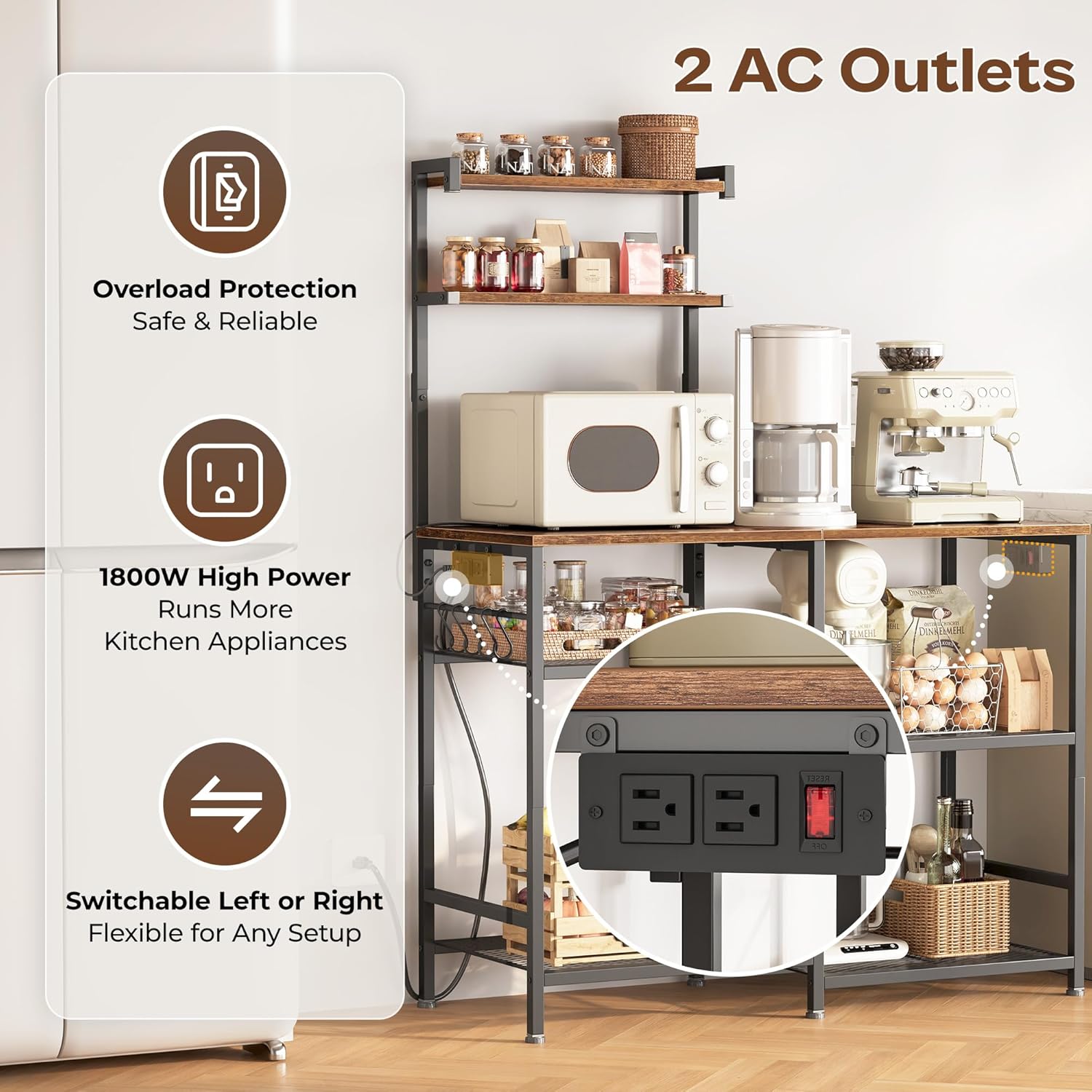 Huuger 39.4 Inch Bakers Rack with Power Outlets, Kitchen Microwave Stand with Storage, Coffee Bar with 4 Hooks, 3-Level Height Open Shelves, Rustic Brown