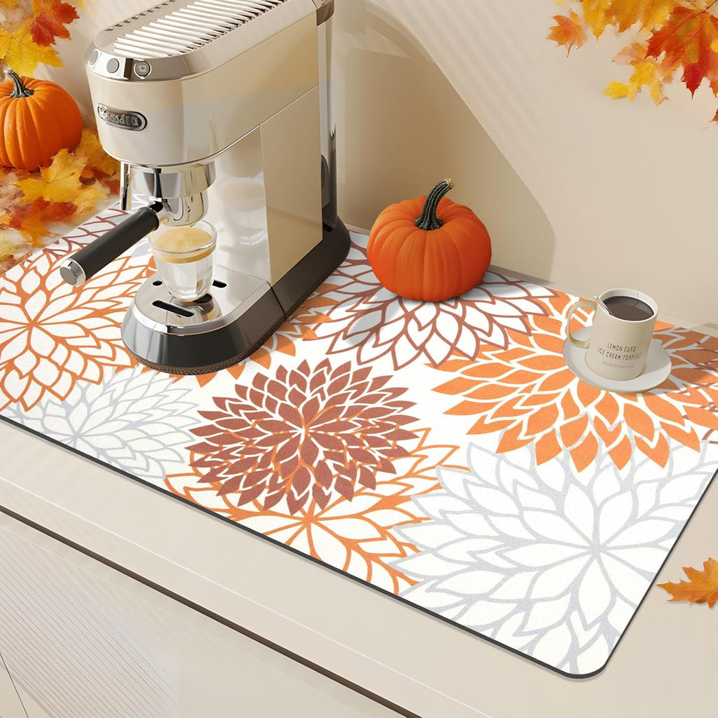Findosom 2PCS 16" x 24" Fall Dish Drying Mat & 24" x 5.5" Sink Splash Guard, Super Absorbent & Cuttable Dish Mat Drying Kitchen Mat with Orange Floral, Hide Stain Drying Mat for Kitchen Counter