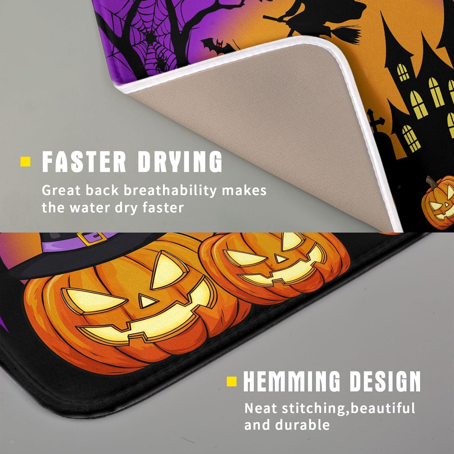 Happy Halloween Pumpkin Dish Drying Mat for Kitchen Counter,Witch Ghost Castle Bat Purple Drying Mat 16 x 18 Inch with High Absorbent Microfiber Drainer Mat for Coffee Bar