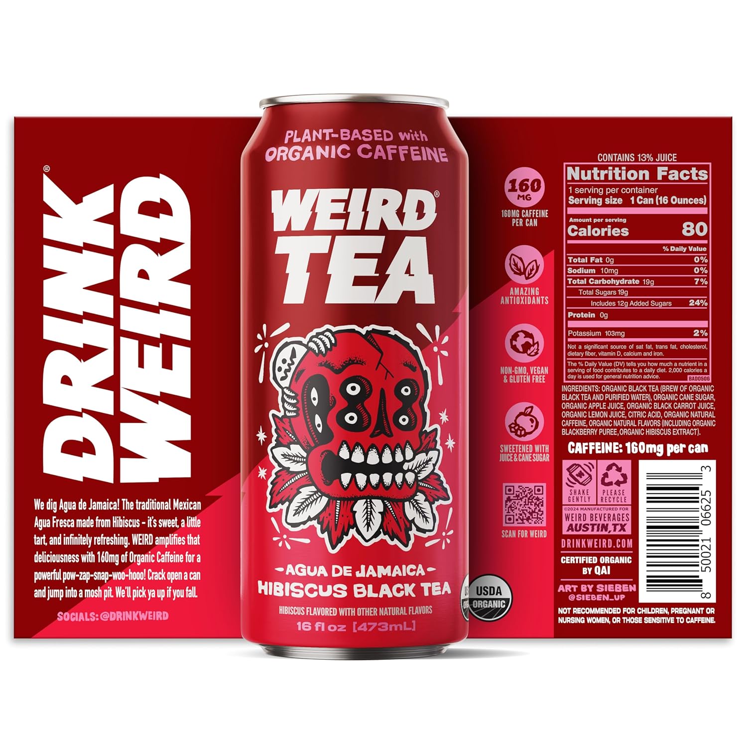 Drink Weird Organic Agua de Jamaica Hibiscus Black Tea – 16oz Cans, 160mg Organic Caffeine, Pack of 12 – Bold & Refreshing Energy Drink Alternative