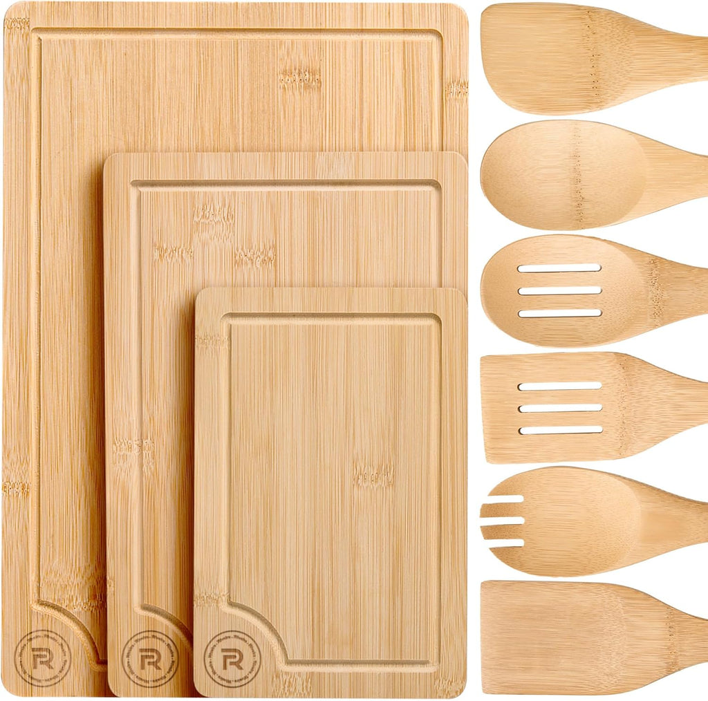 Riveira Bamboo Cutting Boards For Kitchen with Wooden Spoons For Cooking – Set of 3 Pcs Wooden Cutting Board & 6 Bamboo Spoons – Wooden Cutting Boards For Kitchen – Complete Wooden Cooking Utensils