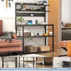 Aheaplus Bakers Rack with Power Outlet, Microwave Stand, 5 Tiers Coffee Bar Station with Led Lights, Kitchen Storage Shelf with 6 S-Shaped Hooks, Kitchen Rack Coffee Bar Stand, Grey Oak