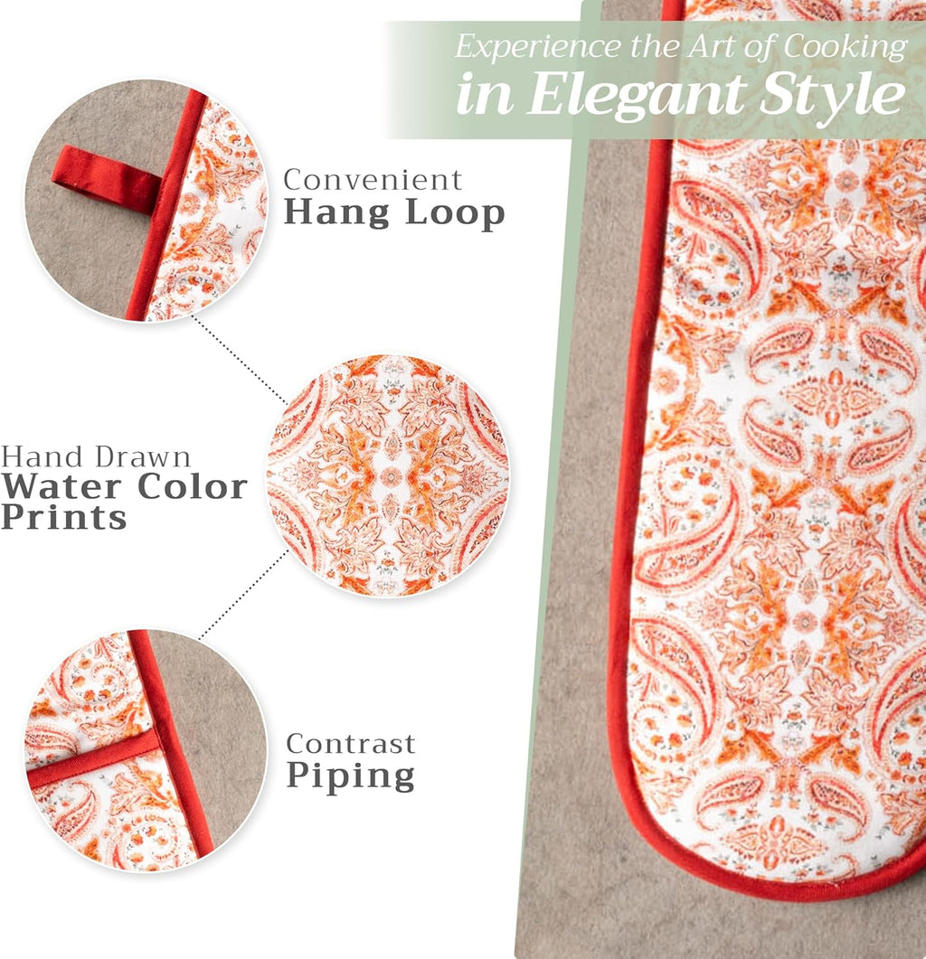 Maison d' Hermine Double Oven Mitts 100% Cotton 7"x35" Double Oven Mitt Heat Resistant BBQ Cooking Gloves with Loop, Baking, Grilling, Home, Kitchen, Handling Hot Pans (Orient)