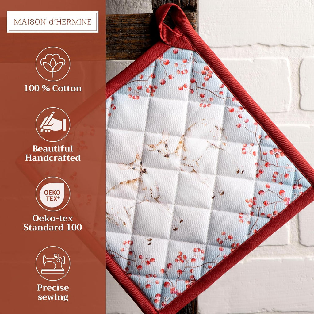 Maison d' Hermine Pot Holders 100% Cotton Heat Resistant Potholders 8" x 8" Hot Pads with Loop BBQ, Cooking, Baking, Grilling, Kitchen, Handling Hot Pans (Pack of 1, Fairytale Forest)
