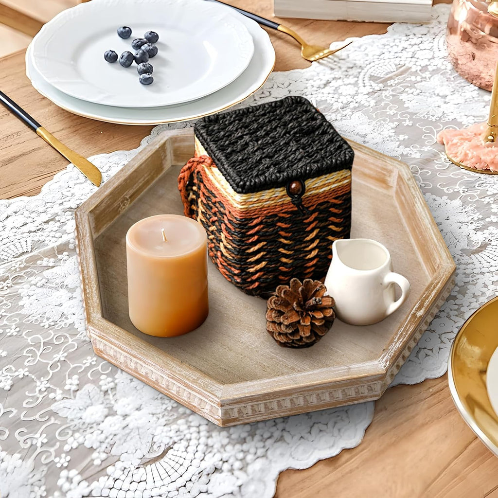 Wooden Decorative Tray, Small Serving Tray with Wood Bead, Farmhouse Big Tray for Ottoman, Countertop, Coffee Tabl, 13" x 13"x 1.6" (White Washed)