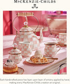 MACKENZIE-CHILDS Enamel Tea Kettle, Stylish Tea Kettle for Stovetop, Pink-and-White Rosy Check, 3 Quarts