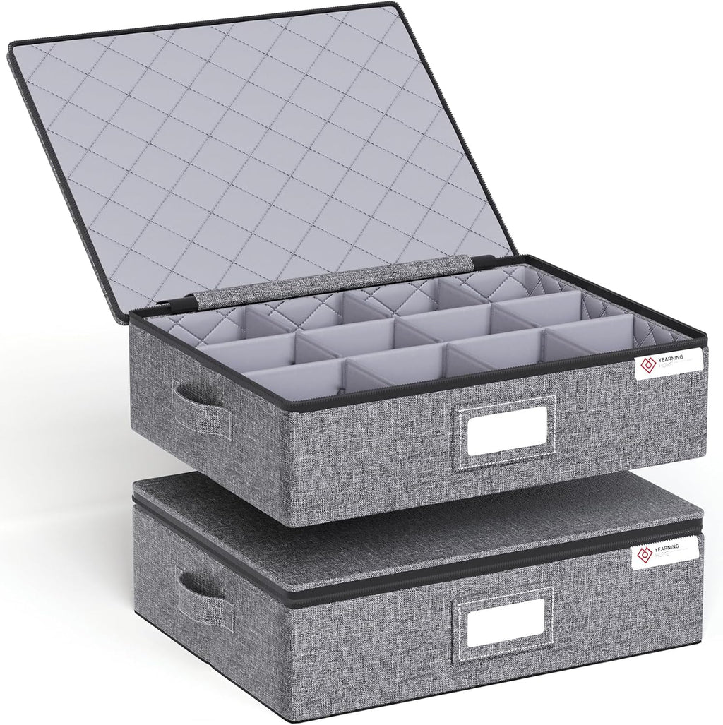 YearningHome Cup and Mug Storage Box with Hard Shell and Dividers for Coffee Mugs,Tea Cups and Glasses,Stackable Storage Organizers with Lid,Handles,Zips and Lable for Moving,Holds 12,2 Pack, Grey