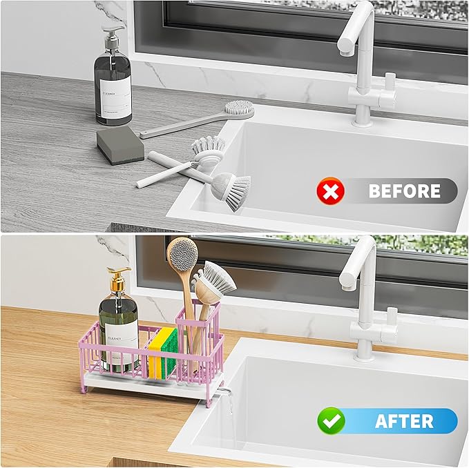 Cisily Pink Sponge Holder for Kitchen Sink, Sink Caddy Organizer with High Brush Holder, Countertop Organizers and Storage Essentials, Rustproof 304 Stainless Steel, Pink kitchen Accessories and Decor