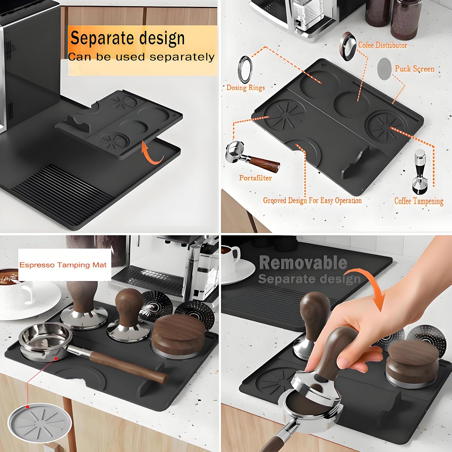 Silicone Coffee Mat with a removable tamper mat,15.7"x23.5"Coffee Bar Mat for Countertops,Fit Under Espresso Machine,Dish Drying Racks-Black