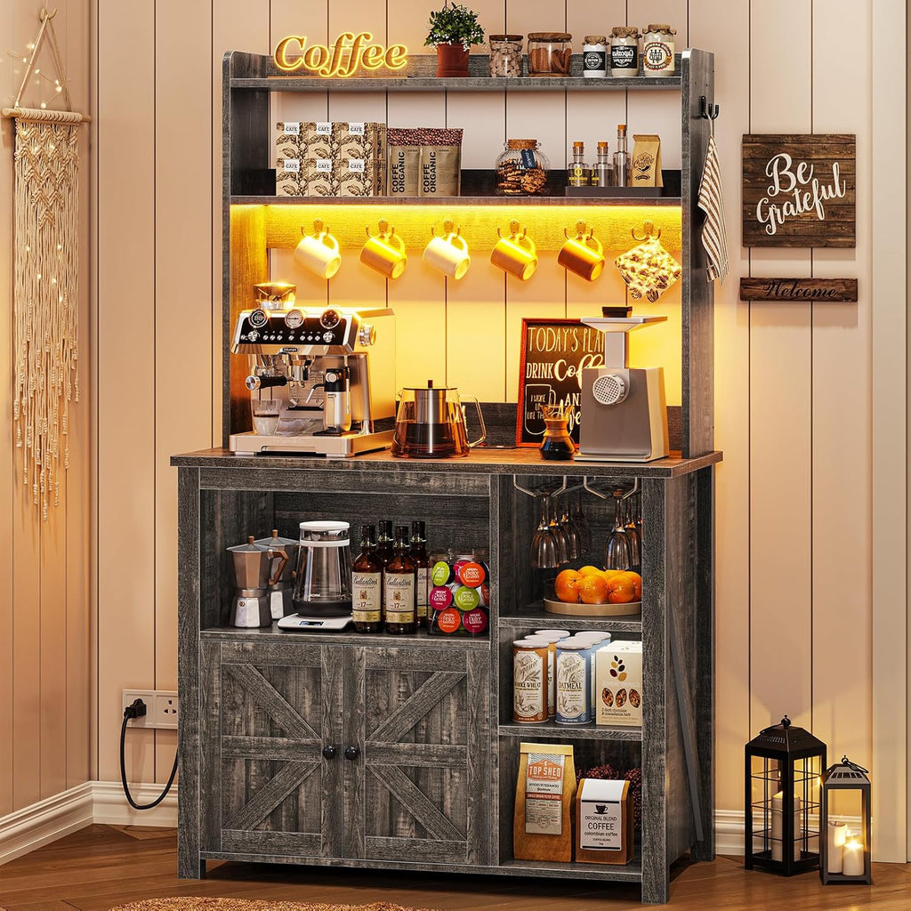 Itaar Coffee Bar Cabinet, Bakers Rack with Power Outlet and Storage, Farmhouse Microwave Stand Kitchen Cabinet with Hutch, LED Lights, Wine Glass Holder and 8 Hooks (Grey)