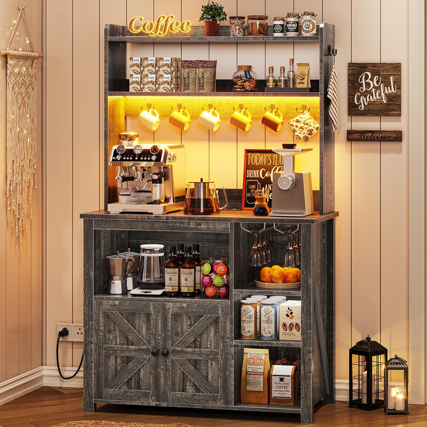Itaar Coffee Bar Cabinet, Bakers Rack with Power Outlet and Storage, Farmhouse Microwave Stand Kitchen Cabinet with Hutch, LED Lights, Wine Glass Holder and 8 Hooks (Grey)