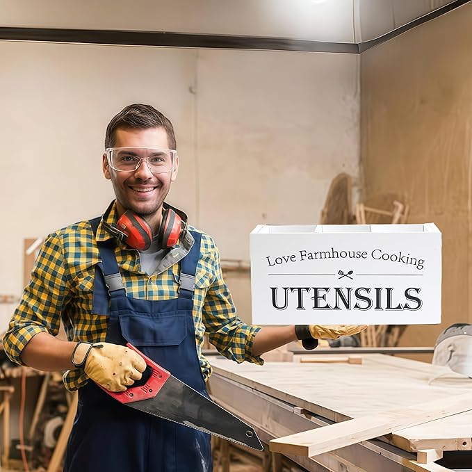 Kitchen Utensil Holder,Farmhouse Wooden Utensil Holder For Kitchen Counter,Large Cooking Spatula Organizer,Big Storage With 3 Compartments Flatware Spoon Tool Cutlery(White)