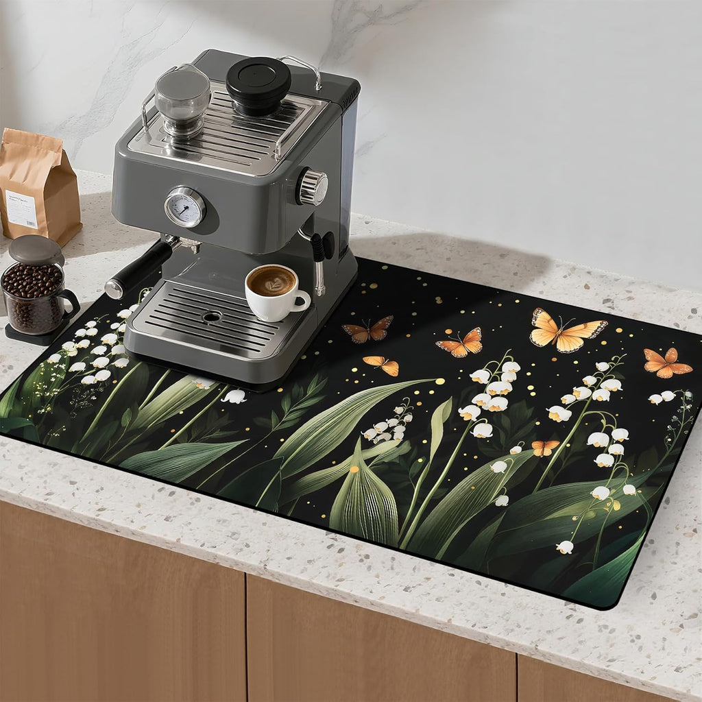 17"x 32" Coffee Bar Mat, White Campanula Absorbent Dish Drying Mat Cuttable Hide Stain Draining Table Pad for Kitchen Counter, Coffee Bar Accessories