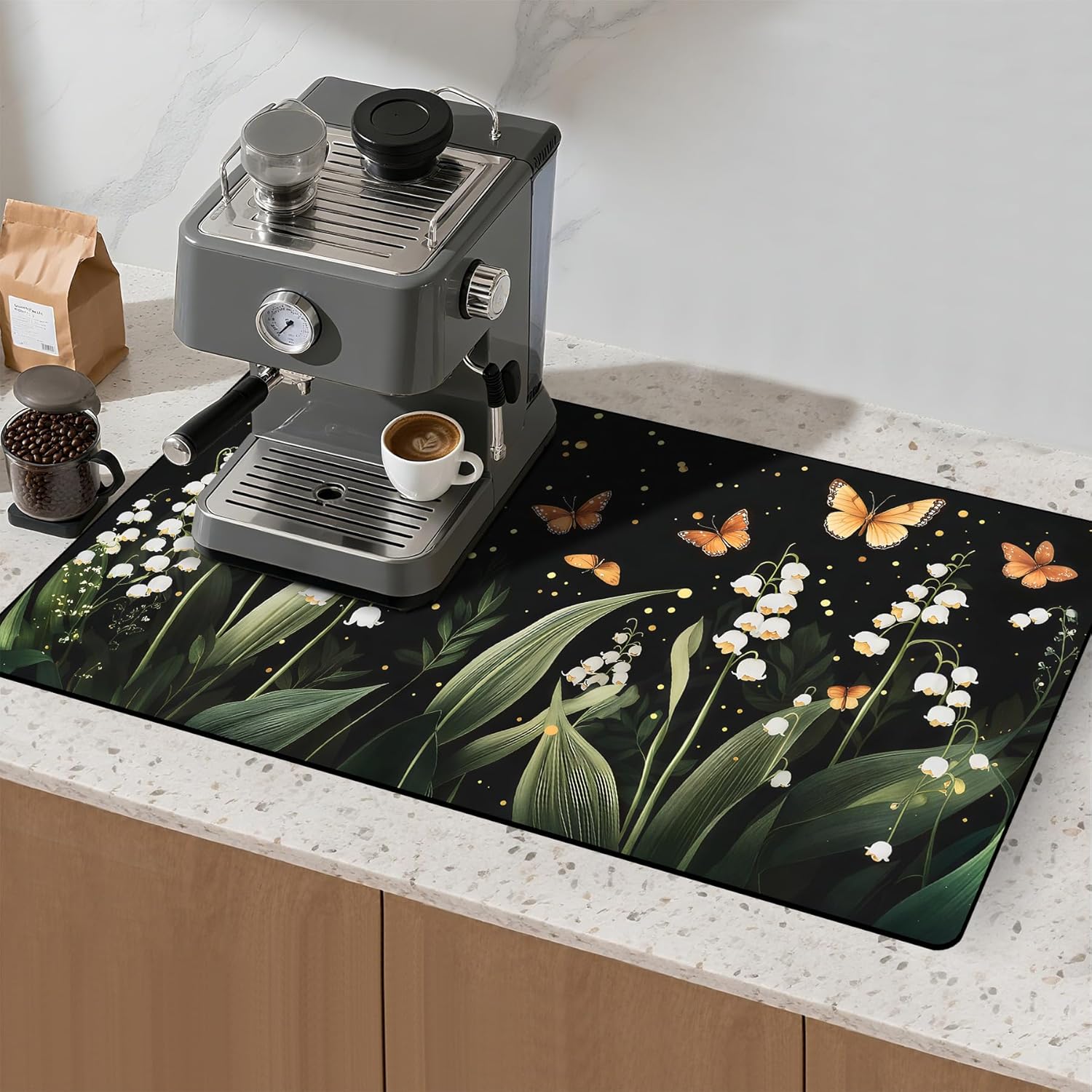 17"x 32" Coffee Bar Mat, White Campanula Absorbent Dish Drying Mat Cuttable Hide Stain Draining Table Pad for Kitchen Counter, Coffee Bar Accessories