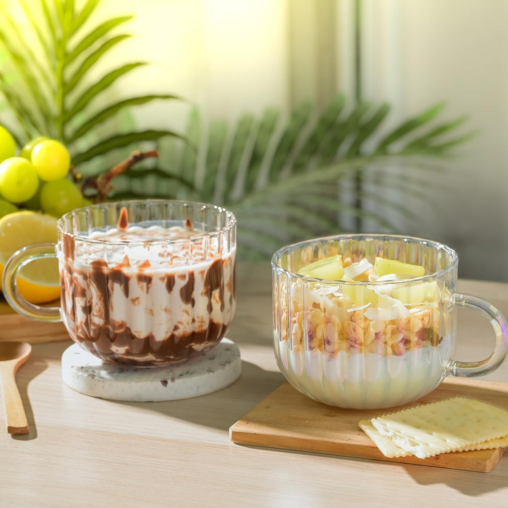 4pcs Vintage Iridescent Glass Coffee Mugs-Seamless Design, 15 Oz Ribbed Glass Mugs with Handle, Lead-Free Coffee Cups for Latte, Cereal, Yogurt, Hot/Cold Beverage, Coffee Lovers Gifts