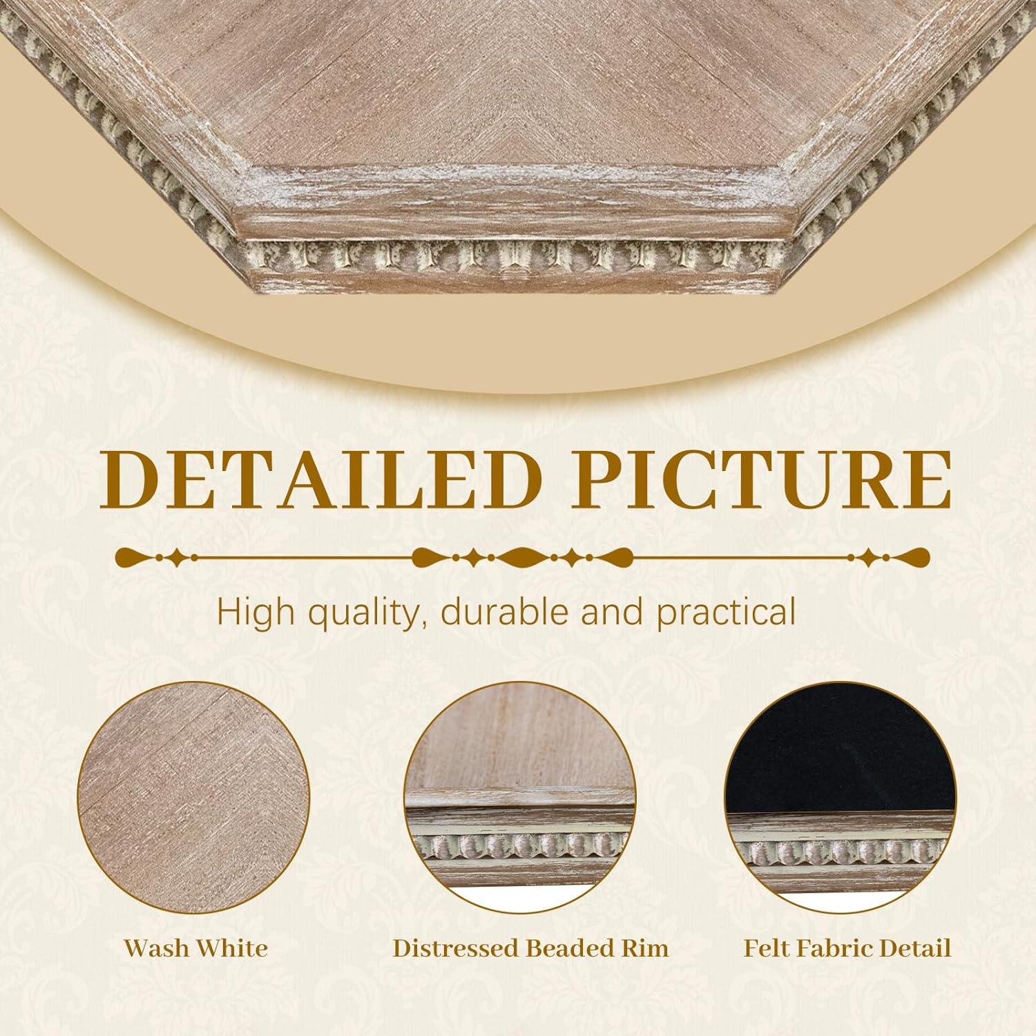 MAONAME Wood Serving Tray,Farmhouse Wooden Tray with Beads, Washed White Octagonal Serving Tray，Coffee Table Tray for Living Room, Kitchen, 12" X 12" X 1.6"