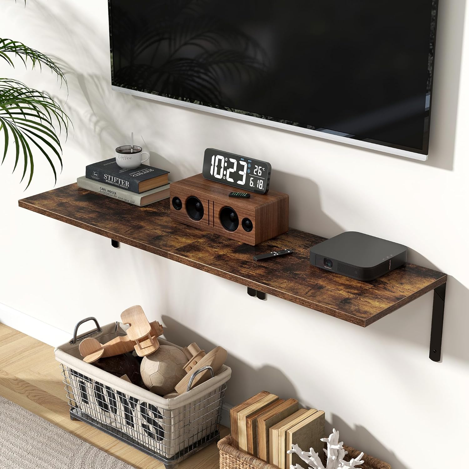 Floating Shelves for Wall, 12 Inch Deep Floating Shelves Set of 2, Wall Mounted Shelf with Metal Brackets, Rustic Wood Wall Shelf for Bathroom, Kitchen and Living Room, Rustic Brown, 24W x 12D