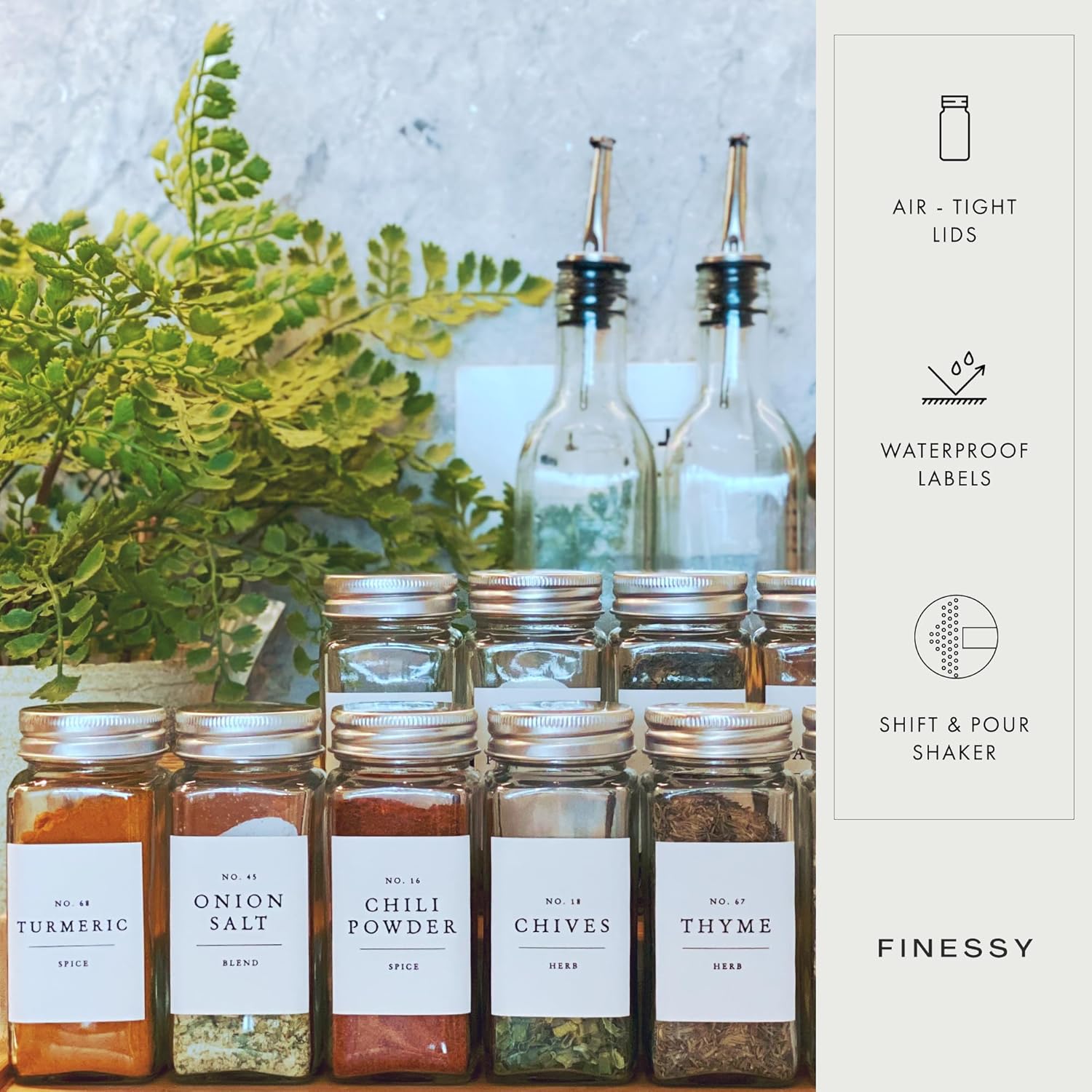 Glass Spice Jars with Labels with Metal Lids and Shakers Farmhouse 36 Pack Set, 4oz Small Clear Empty Spice Bottles Seasoning Containers with Label Organizer Square Herb Seasoning Jars for Kitchen