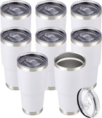 30 oz Tumbler with Lid Stainless Steel Tumblers Bulk Vacuum Insulated Cup Reusable Powder Coated Travel Mug Double Wall Leak Proof Cups Keep Cold Drinks for 12 Hours White, Set of 8