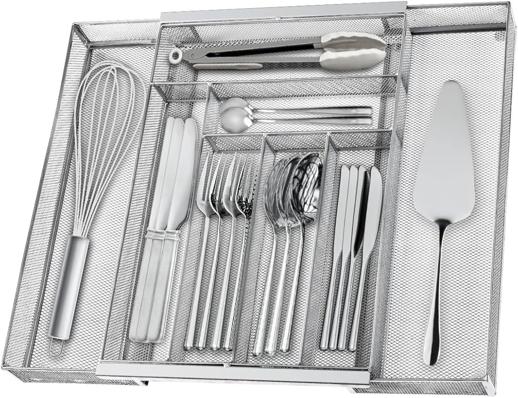 Silverware Organizer Metal Mesh, Large Drawer Organizer, Utensil Cutlery Tray for kitchen drawers, Expandable Flatware Organizer with 8 Compartment Silver 11.6"~20" x 17.3"
