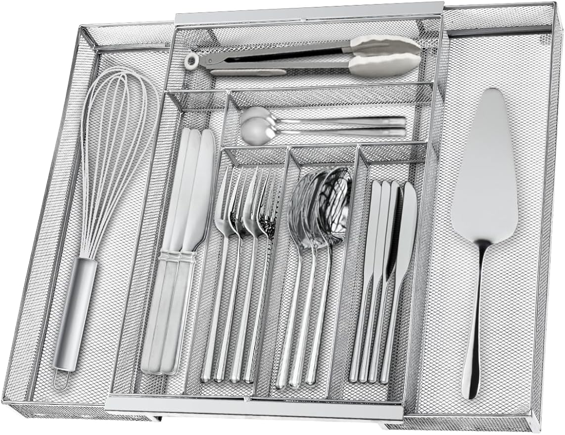 Silverware Organizer Metal Mesh, Large Drawer Organizer, Utensil Cutlery Tray for kitchen drawers, Expandable Flatware Organizer with 8 Compartment Silver 11.6"~20" x 17.3"