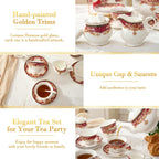 DUJUST 22 pcs Royal Vintage Porcelain Tea Set for 6, Luxury British Tea Sets for Adults with Red Patterns & Golden Trim, Beautiful Floral Tea/Coffee Cup Set, Gift Package - Royal Treat for You