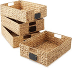 Casafield Set of 4 Water Hyacinth Pantry Baskets, 12-1/2" x 17" x 5", with Chalkboard Labels and Chalk Marker - Natural, Woven Storage Bin Organizers for Kitchen Shelves
