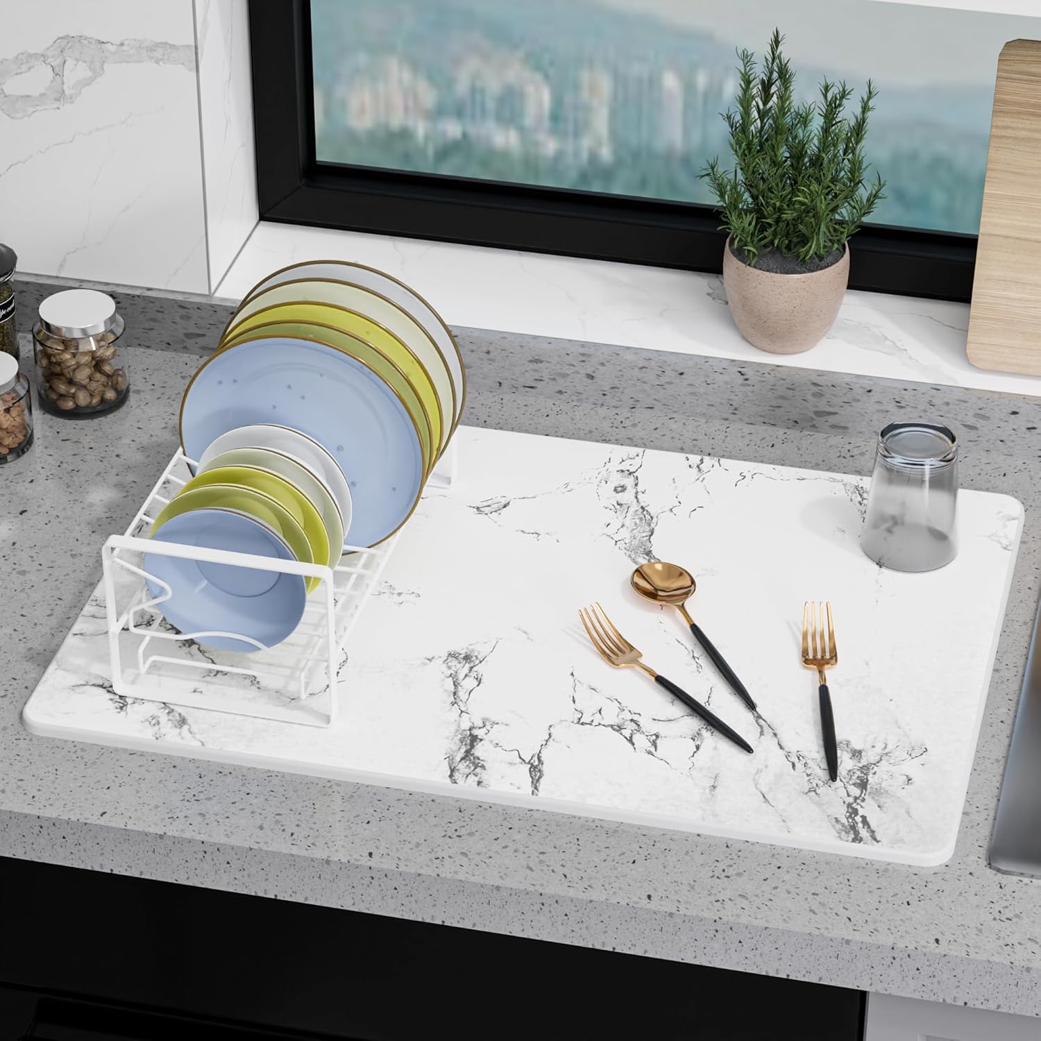 Large Stone Drying Mat for Kitchen Counter, 24" × 16" Diatomite Dish Drying Mat, Quick Dry Stone Mats, Ultra Absorbent Natural Diatomaceous Earth Mats for Dished, Bottles, White Marble