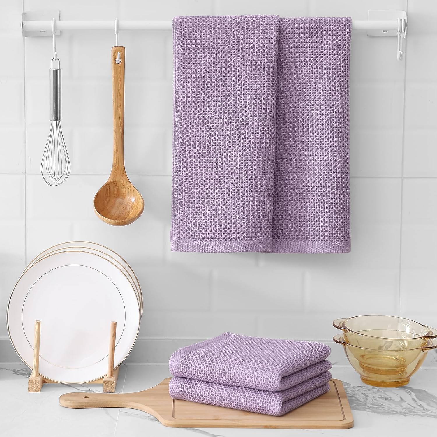 Kitinjoy 100% Cotton Waffle Weave Kitchen Towels, 4-Pack Super Soft and Absorbent Dish Towels for Drying Dishes, Kitchen Hand Towels, 13 in x 28 in, Lavender