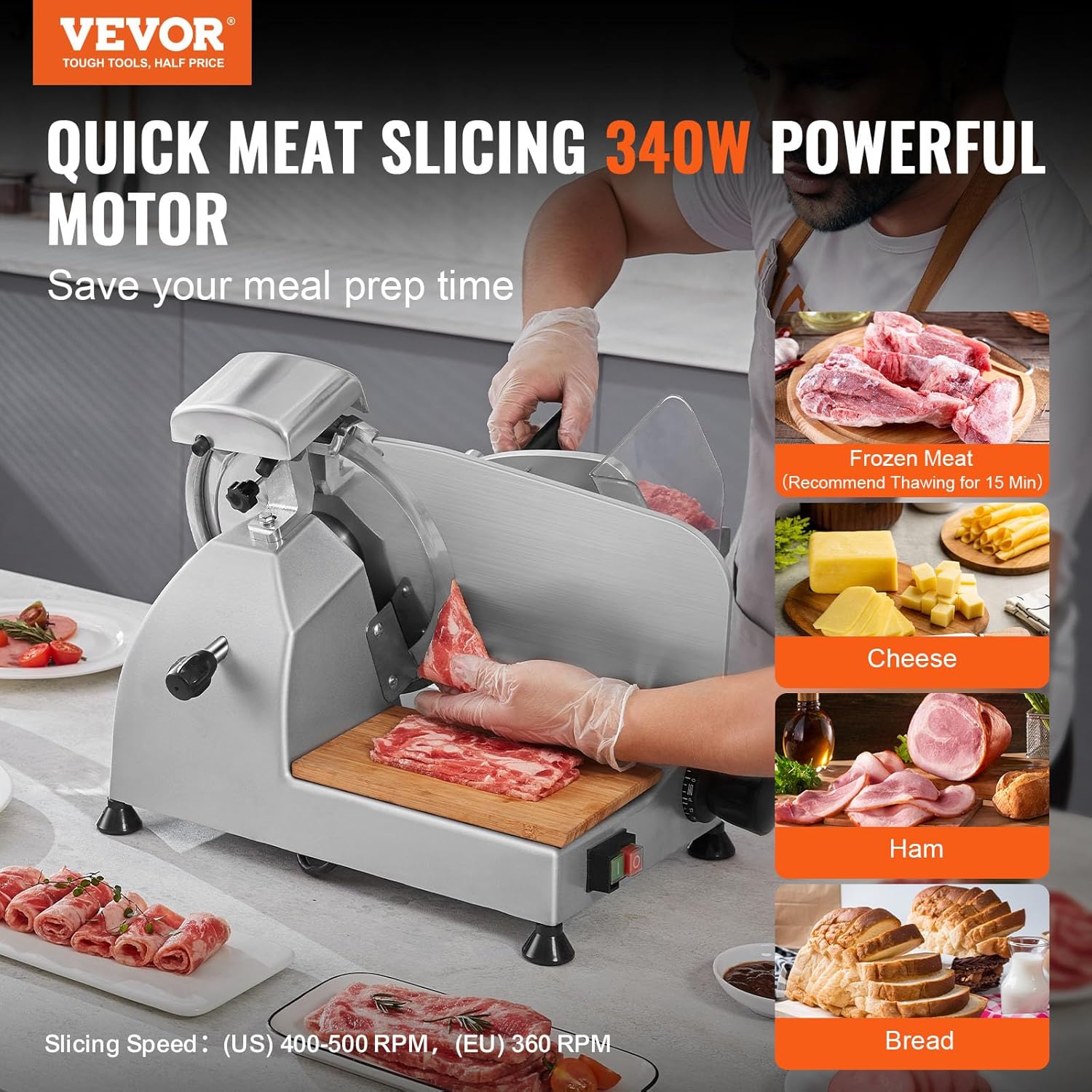 Meat Slicer, 340W Electric Deli Food Slicer with 10" SUS420 Stainless Steel Blade and Built-in Sharpening Stone, 0-0.6 inch Adjustable Thickness for Commercial and Home Use, Cut Meat and Cheese