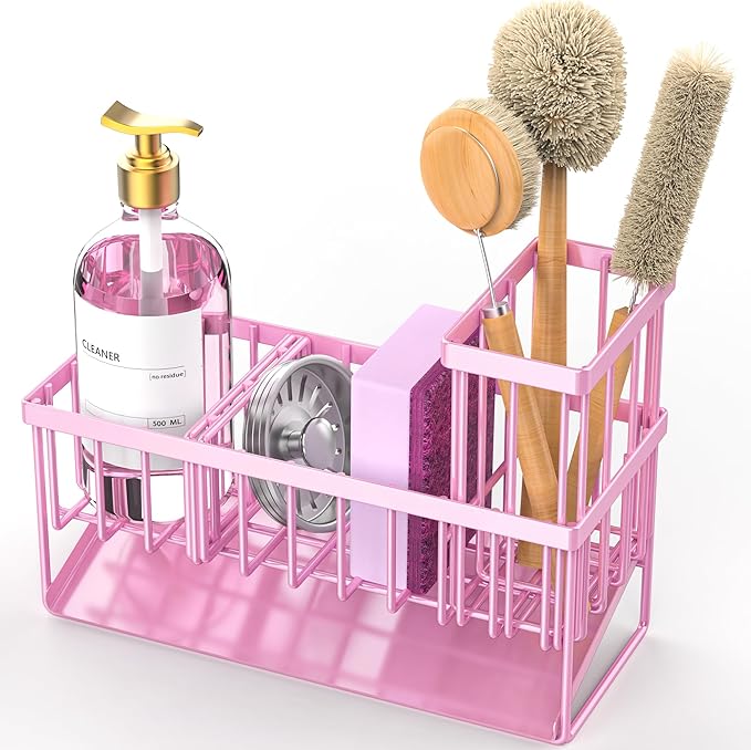 Cisily Pink Kitchen Sink Caddy Organzier with High Brush Holder, Sponge Holder for Sink, 304 Rustproof Stainless, Kitchen Countertop Soap Dispenser Organizer