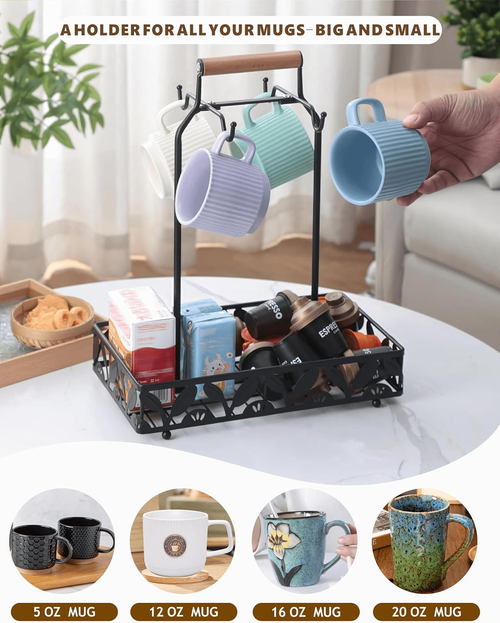 Coffee Mug Holder for Countertop, Mug Tree & Mug Rack with Storage Basket, 2-in-1 Organizer Holds 4 Large Mugs, Kitchen Cup Holder for Coffee Bar Accessories, Pods & Tea Bags, Black Metal with Handle