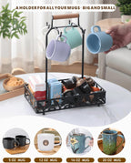 Coffee Mug Holder for Countertop, Mug Tree & Mug Rack with Storage Basket, 2-in-1 Organizer Holds 4 Large Mugs, Kitchen Cup Holder for Coffee Bar Accessories, Pods & Tea Bags, Black Metal with Handle