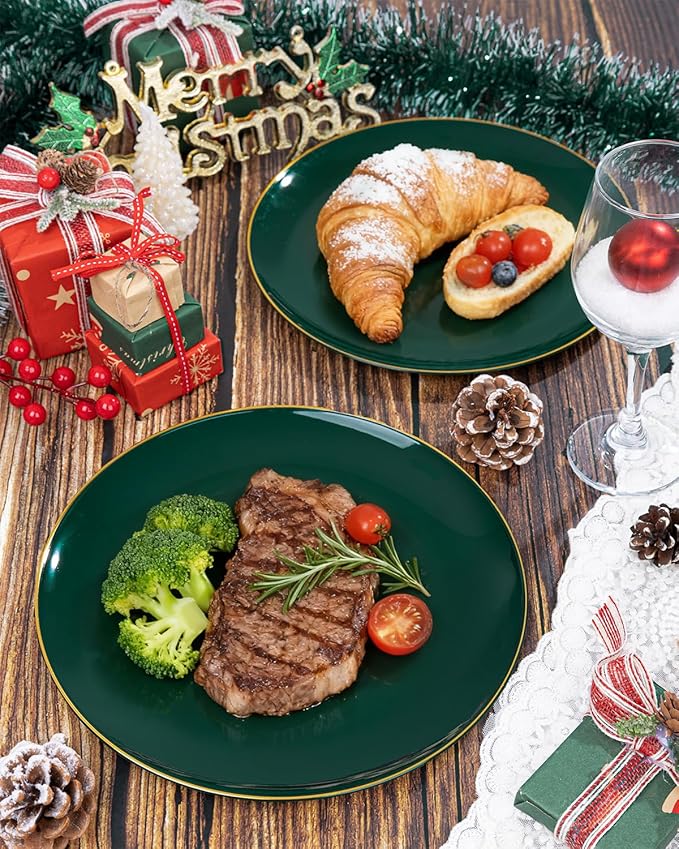 PULOTE 200PCS Green Plastic Plates - Heavy Duty Green Disposable Include 100 Each (10 inch Dinner & 7 inch Dessert) Plates for Christmas Party