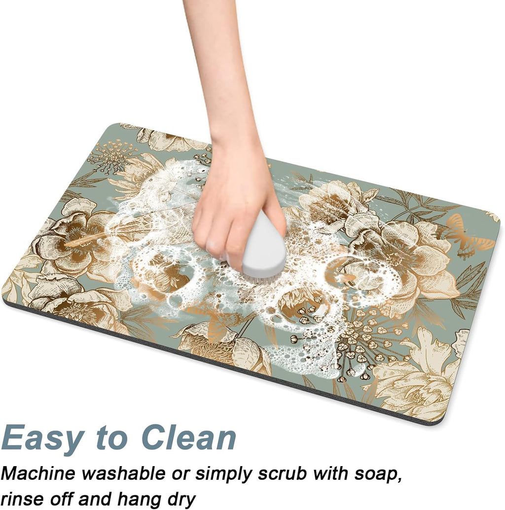 Rnivvi Coffee Mat, 12" x 19" Cute Coffee Bar Mats for Espresso Machine Station Accessories and Organizer, Hide Stain Rubber Backed Absorbent Dish Drying Pad for Kitchen Counter, Retro Flower