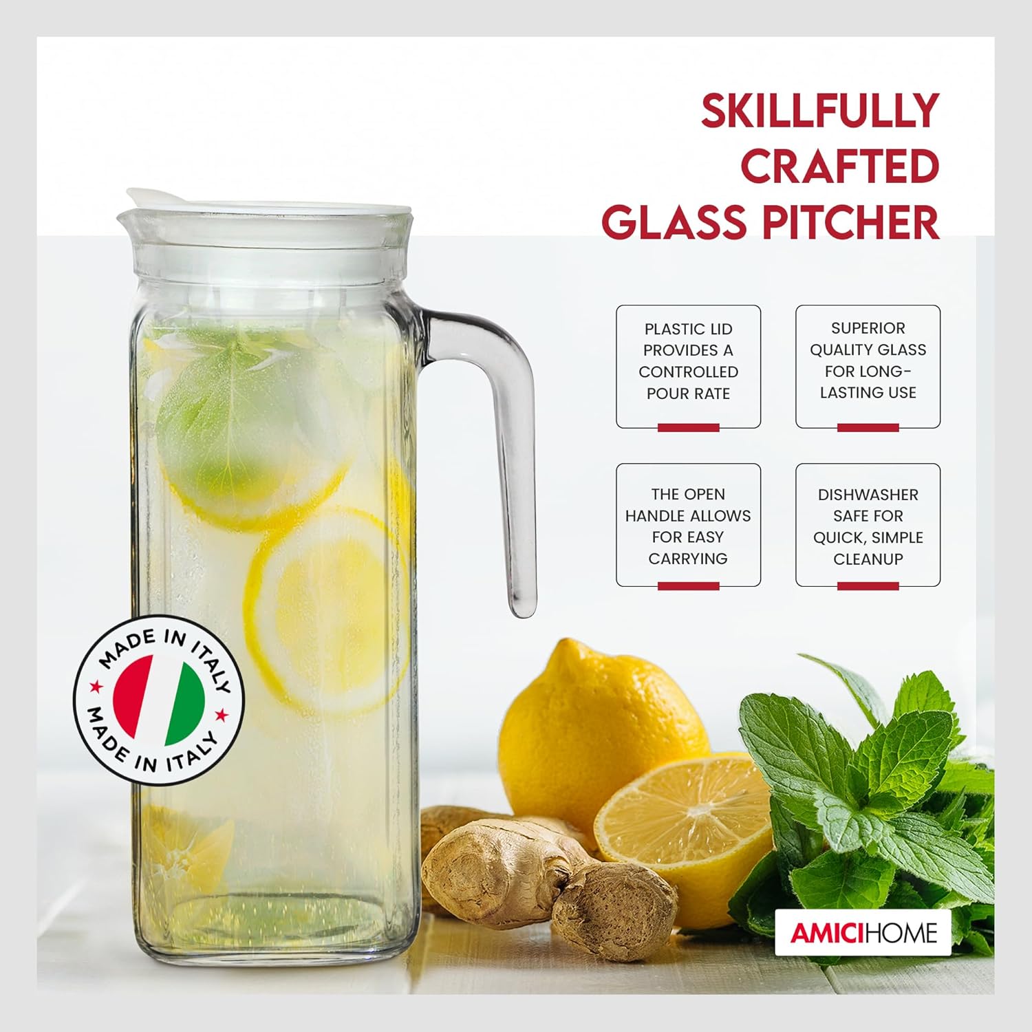 Amici Home Italian Igloo Quadra Glass Pitcher with Lid and Spout | 34 Ounce | Clear Glass Water Pitcher for Refrigerator | Carafe for Iced Tea, Juice, Milk, Cold Brew and Mimosa Bar