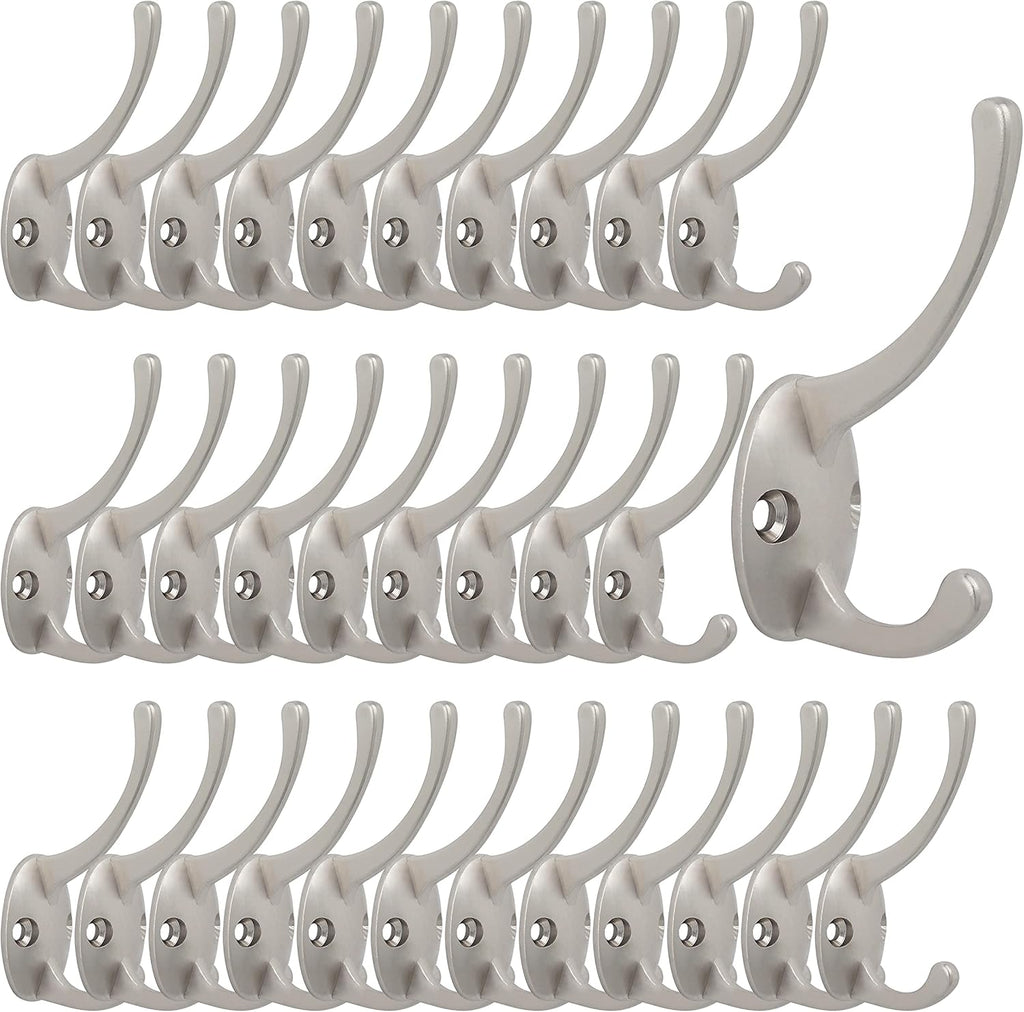 IBosins 32 Pack Silver Coat Hooks Wall Mounted with 64 Screws Retro Double Hooks Utility Silver Hooks for Coat, Scarf, Bag, Towel, Key, Cap, Cup, Hat