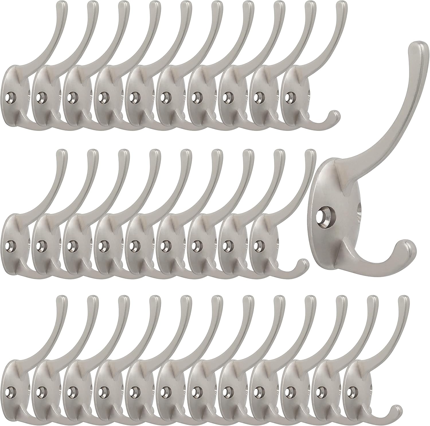 IBosins 32 Pack Silver Coat Hooks Wall Mounted with 64 Screws Retro Double Hooks Utility Silver Hooks for Coat, Scarf, Bag, Towel, Key, Cap, Cup, Hat
