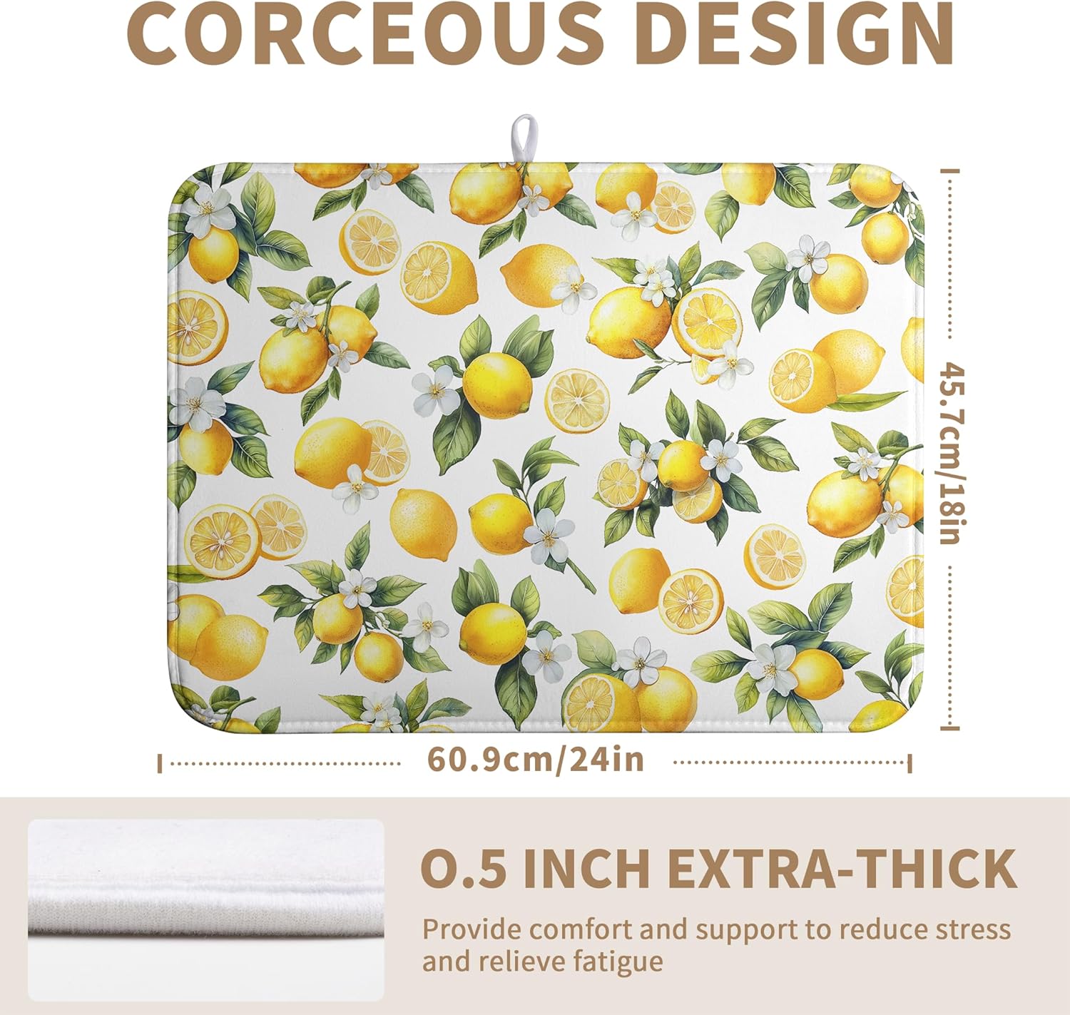 Lemon Dish Drying Mat Spring Summer Kitchen Dish Drying Pad Absorbent Drying Mat for Countertops Dish Dryer Mat Microfiber Dishes Drainer Pad Dish Drying Rack Mat (18x24 in)