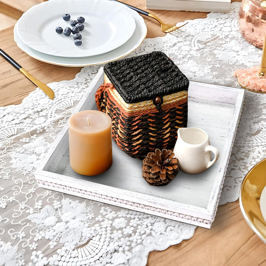 Wooden Decorative Tray, Small Serving Tray with Wood Bead, Farmhouse Big Tray for Ottoman, Countertop, Coffee Tabl, 13" x 13"x 1.6" (Retro White)