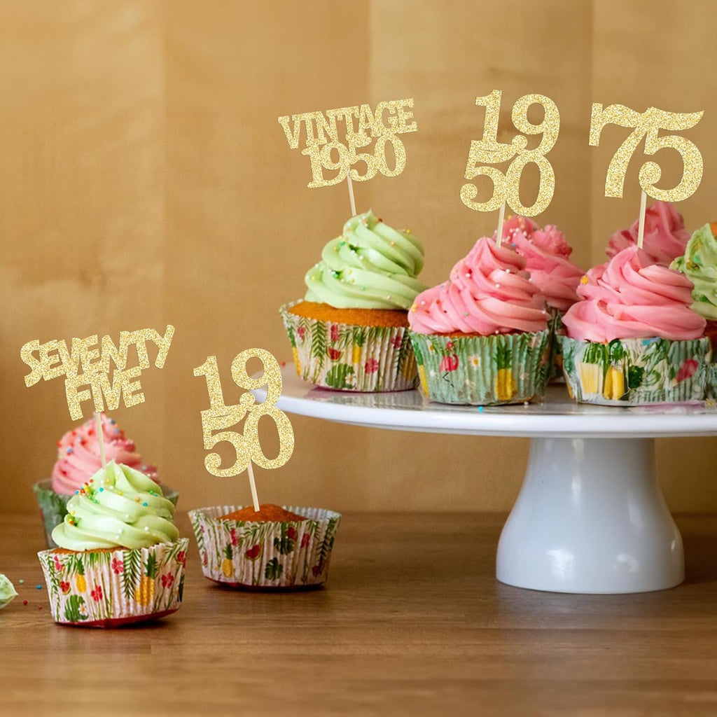 Gyufise 24Pcs 75th Birthday Cupcake Toppers Glitter Cheers to 75 Fabulous Seventy Five Vintage 1950 Cupcake Picks 75th Birthday Wedding Anniversary Party Cake Decorations Supplies Gold