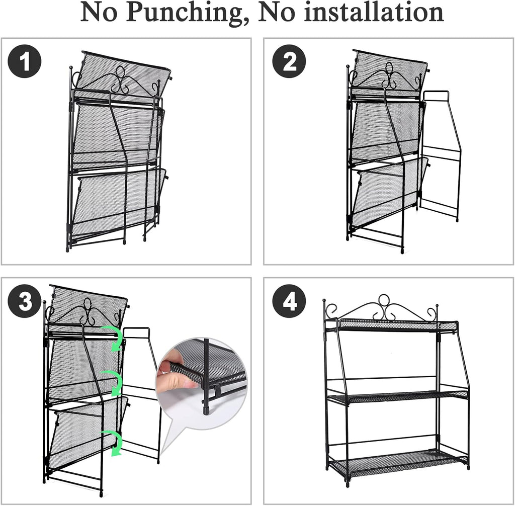 Uten Standing Spice Rack 3 Tier Metal Foldable and Durable Kitchen Rack for Countertop Kitchen Bathroom, Shelf Organizer, Standing Stainless Steel Tiered Shelf