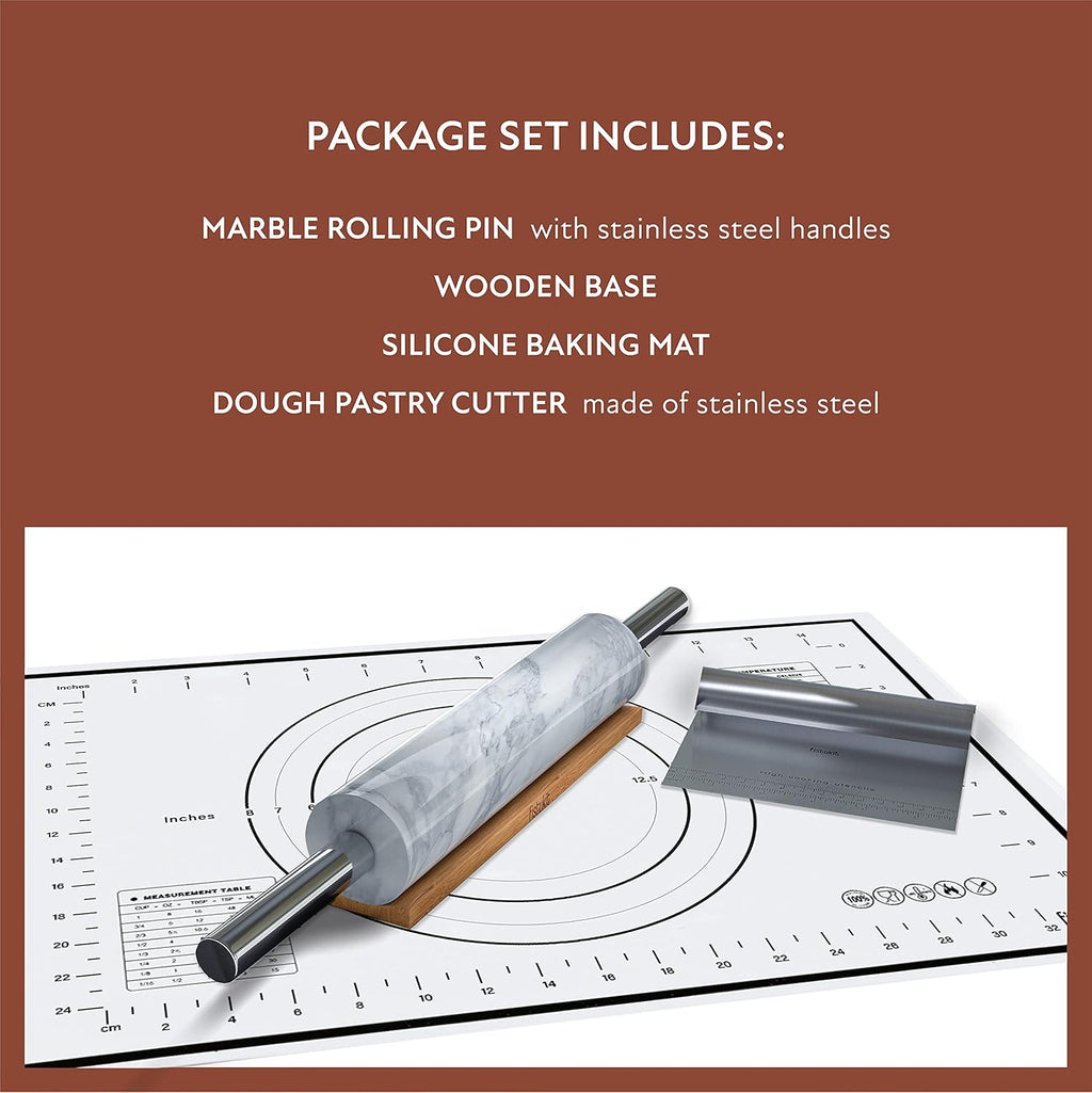 White Marble Rolling Pin with Stainless Steel Handles Baking Set - Silicone Baking Mat, Bench Scraper, Wooden Base