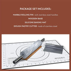 White Marble Rolling Pin with Stainless Steel Handles Baking Set - Silicone Baking Mat, Bench Scraper, Wooden Base